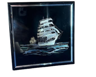 ヴィンテージ 壁掛け額入りアート 船 カフカ・インダストリーズ シルバー ゴールド ブルー箔 6x6インチ