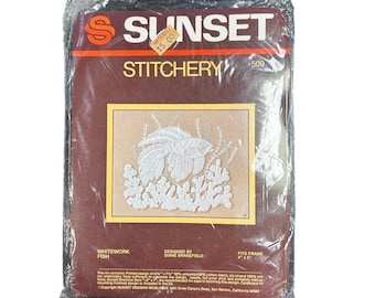 Vintage 80s Needlecraft Kit- Unopened- Sunset- Stitchery- Whitework Fish- 4x5"