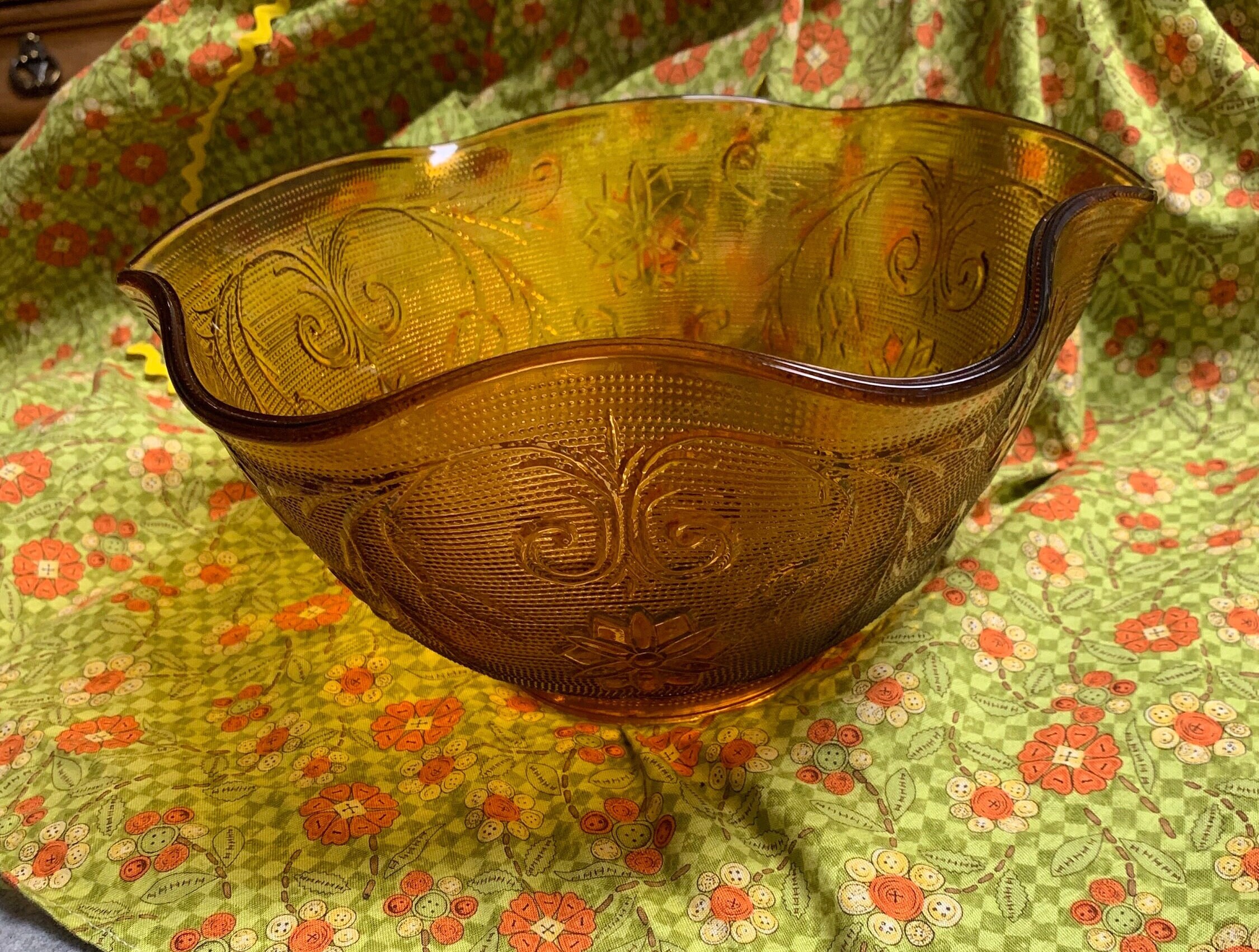 Tiara Sandwich Glass Pedestal 10 Wide Flared Scalloped Amber Gold