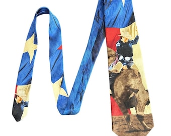 Vtg 1999 Ralph Marlin -8 seconds in Texas- Silk Tie- Rodeo Western - Novelty