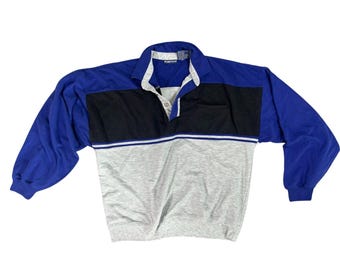 Sudadera vintage para hombre de los 90, estilo puritano, con cuello tipo jersey, color azul, gris y negro, talla XL.