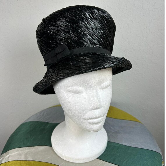 Vintage- Pillbox Black Woven Hat- Two Bows- Michelle- Some  display picture 2