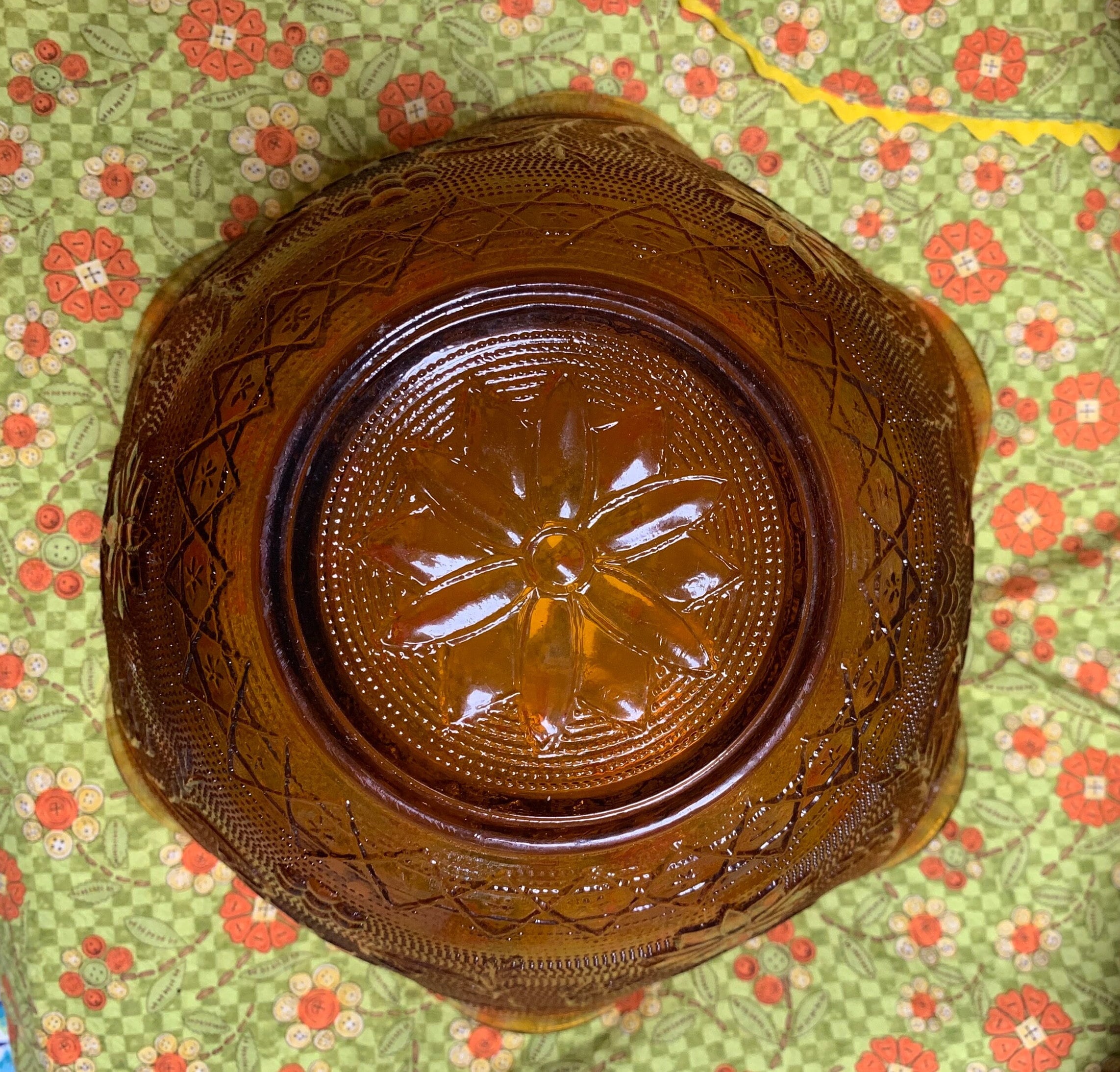 Tiara Sandwich Glass Pedestal 10 Wide Flared Scalloped Amber Gold