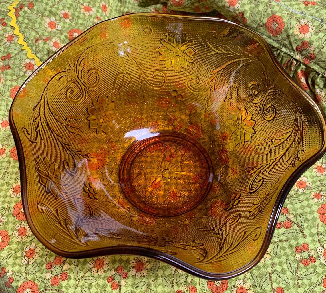 Tiara Sandwich Glass Pedestal 10 Wide Flared Scalloped Amber Gold