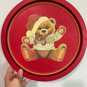 Holiday Teddy Bear 80s Round Plate Metal Tin-  red wear-Made in Taiwan