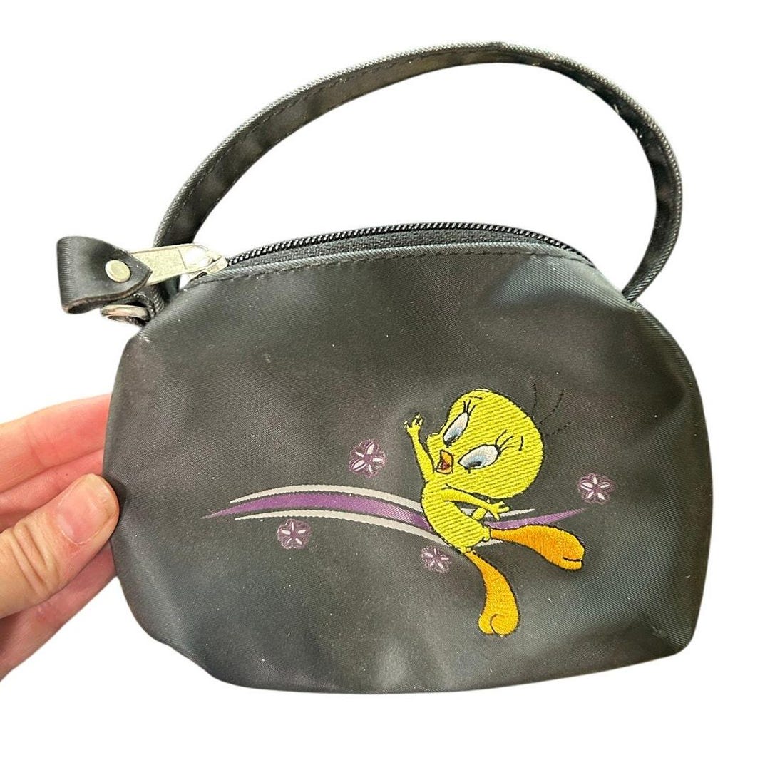 Mini Tweety Bird Purse 99- Black Purple Handle, Zipper Looney