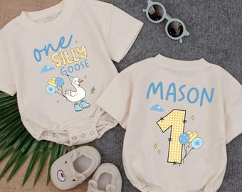Custom One Silly Goose Boy Baby Bubble Romper, First Birthday Baby Bodysuit, Funny Goose Shirt, 1st Birthday Baby Outfit, Newborn Gift
