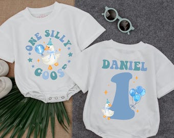 Custom One Boy Silly Goose T-shirt Baby Romper, 1st Birthday Silly Goose Bodysuit, Silly Goose Birthday Outfit, Short Sleeve Bubble Romper