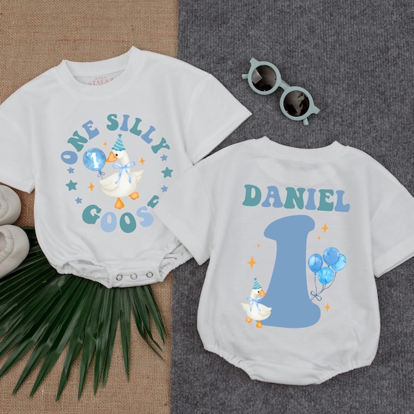 Custom One Boy Silly Goose T-shirt Baby Romper, 1st Birthday Silly Goose Bodysuit, Silly Goose Birthday Outfit, Short Sleeve Bubble Romper