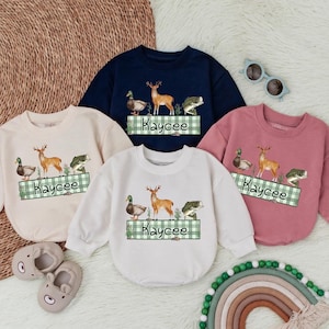 Personalized Name Mallard Duck Hunting Romper Sweater, Boy Ducking Hunter Baby Romper, Ducks Deer Fishing, hunting buddy, Newborn Bodysuit