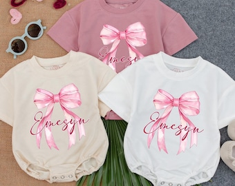 Personalized Baby Bow T Shirt Bubble Romper, Baby Girl Clothes, Baby milestone outfit, Baby Girl First Birthday Outfit