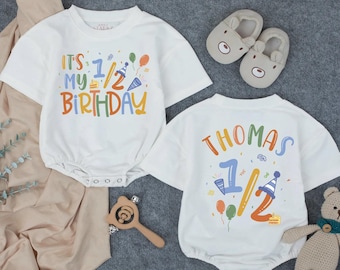 Customized Half Birthday Boy Bubble Romper, 1/2 Birthday Boy Outfit, Halfway to One Baby Clothes, Personalized Baby Romper, Milestone Boy