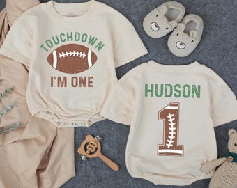 Conjunto personalizado de fútbol para el primer cumpleaños, camiseta "Touchdown I'm One", mono burbuja de fútbol para niño para el primer cumpleaños