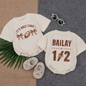 Personalized It&#39;s Halftime Bubble Romper,Girly Bow Football Half Birthday,1/2 Birthday Outfit, Football Game Baby, Baby Clothes,Gamday Baby