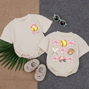 Personalized Softball Bow Bubble Romper,Softball Pink Bow Birthday,Game Day Baby Clothes,Baby Clothes,Short Sleeve Romper, Newborn Clothes