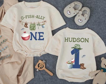 Personalized Fishing First Birthday Shirt, O-Fish-Ally One Birthday Outfit, Fishing Theme 1st Birthday Bubble romper