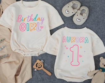 Customized Birthday Girl Bubble Romper, 1st Birthday Outfit, Personalized Baby Clothes, Milestone Girl Outfit, Personalized Baby Clothes