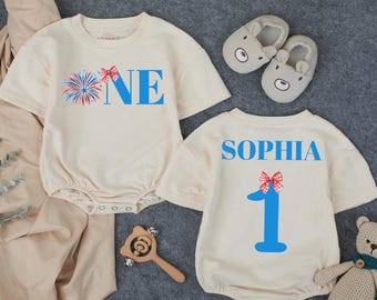 Personalized One American Girl First Birthday Outfit, 1st Birthday Bubble Romper, Cake Smash Photo Outfit