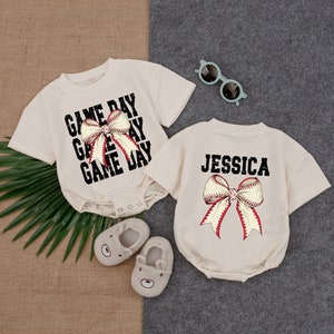Personalized Baseball Bow Baby Romper, Baseball Season Short Sleeve Romper, Name and Bow Game Day Baby Bodysuit,Baseball Baby Shower Gift