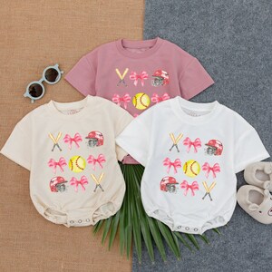 Softball Bow Bubble Romper,Softball Pink Bow Birthday,Game Day Baby Clothes,Gameday Outfit,Baby Clothes,Short Sleeve Romper, Newborn Clothes