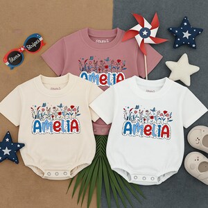 Personalized 4th of July Baby Bubble Romper, Custom Wildflower Name T-shirt Romper for Girls,Independence Day Outfit, Patriotic Baby Clothes