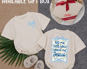 Let Me Tell You About My Jesus T-shirt Bubble Romper, Baby Girl Christian Oversized Bodysuit, Infant Faith Clothes, Religious Baby Gift