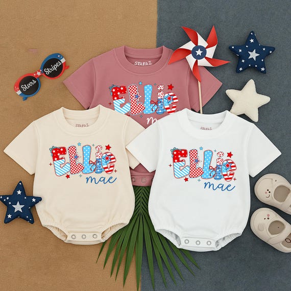 Personalized 4th of July Baby Bubble Romper, Custom Bow Name T-shirt Romper for Girls, Independence Day Outfit, Patriotic Baby Clothes
