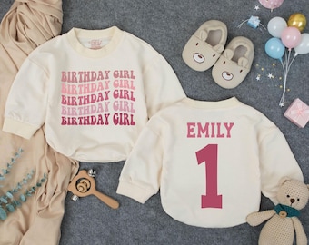 Personalized Birthday Girl Long Sleeve Bubble Romper, First Birthday Outfit, Pink Theme Baby Girl Clothes, Toddler Birthday Outfit,Baby Gift