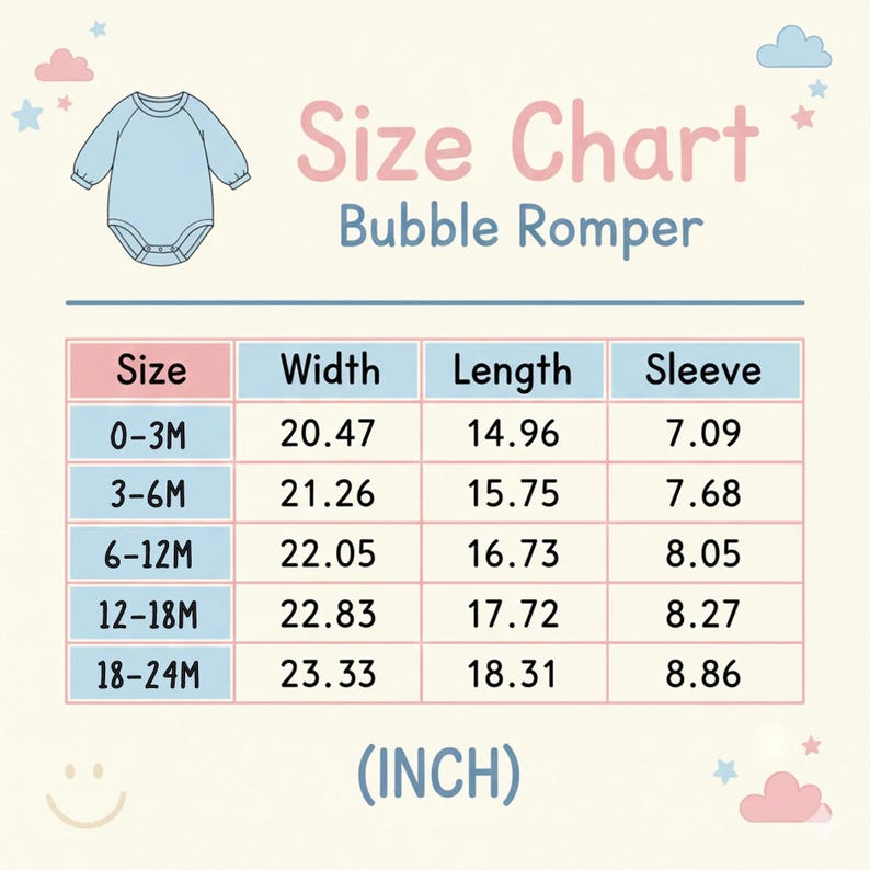 Puede incluir: Tabla de tallas de un pelele de beb&eacute; azul claro, con medidas en pulgadas. La tabla incluye tallas de 0-3M a 18-24M, con medidas de ancho, largo y manga. El texto "Size Chart Bubble Romper" est&aacute; en la parte superior.