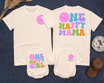 Camiseta familiar a juego para el primer cumpleaños de One Happy Girl, body de bebé con nombre personalizado.