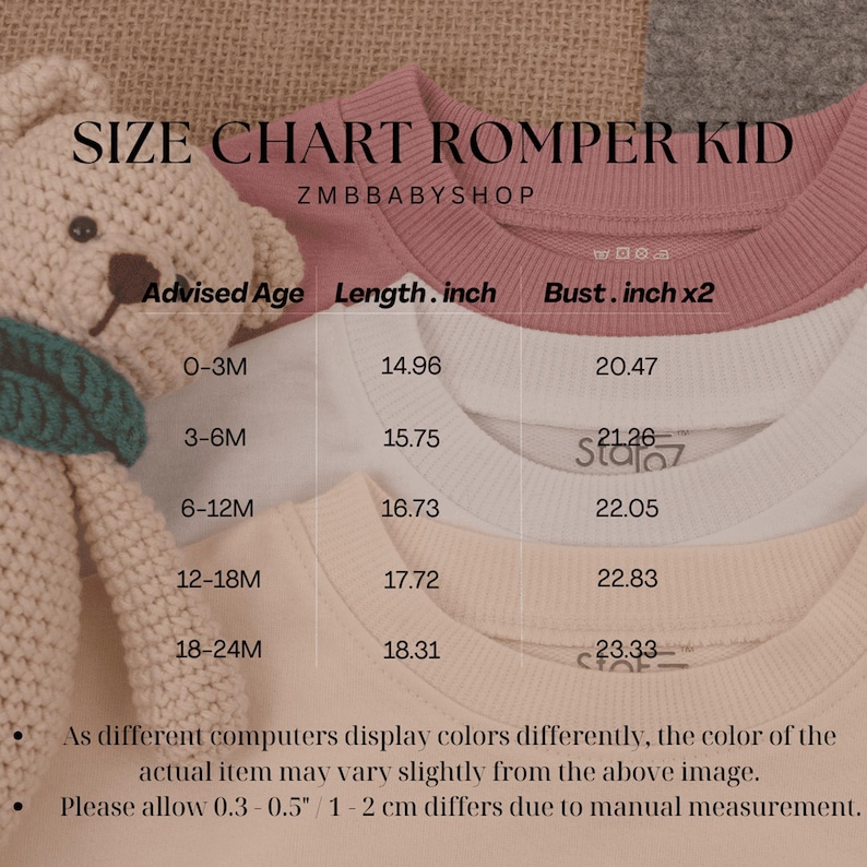 May include: A size chart for a romper for kids, with measurements in inches. The chart includes advised age ranges, length, and bust measurements. The text "ZMBBABYSHOP" is visible. A beige teddy bear is in the background.