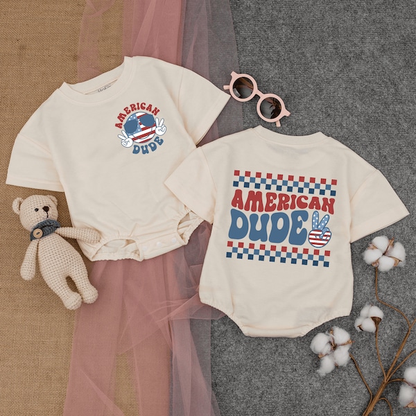 American Dude Baby Romper Short - Sleeve, Retro Patriotic Bodysuit, Cute Fourth of July Baby, Baby Clothing, american baby outfit