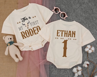 Customized First Rodeo Boy Baby Romper, Rodeo Cowboy Wild West Western Outfit, Short - Sleeve Romper, First Birthday Outfit, First Birthday