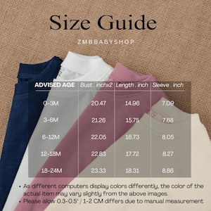 Puede incluir: Gr&aacute;fico de gu&iacute;a de tallas de ZMBBABYSHOP, con una tabla de tallas para ropa de beb&eacute;. La tabla incluye medidas de busto, largo y manga en pulgadas para edades de 0-3 meses a 18-24 meses. La imagen muestra varias camisetas de beb&eacute; en diferentes colores.