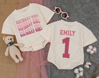 Personalized Birthday Girl Short - Sleeve Romper, First Birthday Outfit, Pink Theme Birthday Shirt, Bubble Romper, Girl Birthday outfit