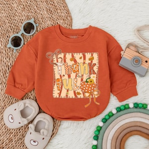 Pumpkin Thankful Floral Girly Autumn Long Sleeve Bubble Romper, Baby Girl First Thanksgiving Toddler Fall Clothes, Halloween Baby Gift
