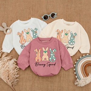 Bunny Squad Romper Kid, Easter Baby Outfit, First Easter Shirt, Baby&#39;s first Easter, Baby Sweatshirt, Sweatshirt Romper, Easter Squad Shirts