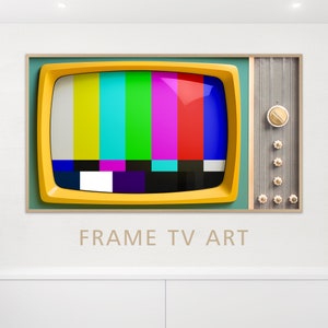 May include: A framed print of a vintage television set with a static screen displaying a colourful test pattern. The frame is yellow and the television is set against a blue background. The text "FRAME TV ART" is printed below the image.