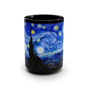Starry Night 15 oz Black Ceramic | Large Van Gogh Mug | Mazevoo Mug | Starry Night Gift women | Van Gogh Gift Set | painting art cup artwork
