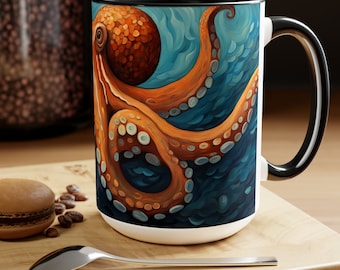 15 oz Octopus Mug, Best Huge Octopus Coffee Mug, Original Large Octopus Mug For Women & Men, Handmade Aesthetic Ocean Life Mug Pottery Gift