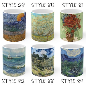 May include: Six ceramic coffee mugs with artwork inspired by Vincent van Gogh. The mugs feature various paintings, including "The Starry Night," "Almond Blossoms," and "Vase with Twelve Sunflowers." Each mug has a white interior and a unique design.