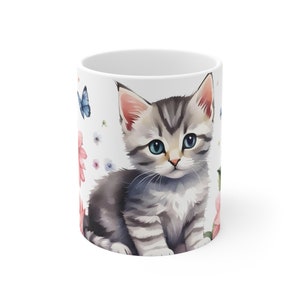 Floral Cat Mug | Ceramic Cat Mug | 11oz Cat Coffee Mug | Cat Coffee Mug for Women & Men | Kids Mug Gift  |  Drinkware Cat Themed Cat