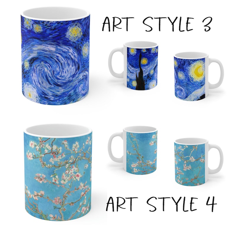 May include: White ceramic mugs featuring artwork inspired by Van Gogh's paintings. The mugs showcase "Starry Night" and "Almond Blossoms" designs in various sizes. Text on the image reads "ART STYLE 3" and "ART STYLE 4".