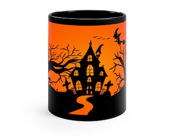 Haunted House Mug | Spooky Halloween Coffee Cup | Silhouette Moon and Bat,  Gravestones and Trees Halloween Gift, Haunted Path Mug, cat,