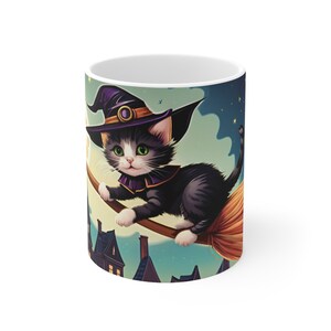 Cute Halloween Kitten Mug | Witch Mug | Fall Mug | Autumn Mug For Women & Kids | 11 oz Ceramic | Witchy Mug | Moon skyline Flying