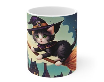 Cute Halloween Kitten Mug | Witch Mug | Fall Mug | Autumn Mug For Women & Kids | 11 oz Ceramic | Witchy Mug | Moon skyline Flying