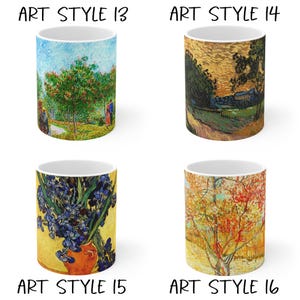 May include: Four white ceramic mugs with art prints. The mugs feature famous paintings by Van Gogh. The text "ART STYLE" is printed above each mug, followed by a number. The mugs are cylindrical and have a white interior.