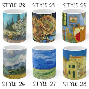 May include: Six white ceramic coffee mugs with colorful artwork inspired by Vincent van Gogh's paintings. The mugs feature images of landscapes, sunflowers, and interior scenes, with the text "STYLE 23", "STYLE 24", "STYLE 25", "STYLE 26", "STYLE 27", and "STYLE 28".