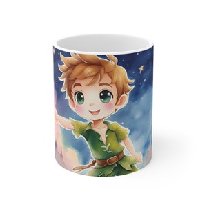 Taza de Peter Pan / Taza de cuento de hadas / Tazas para niños de Nunca Jamás / Taza de cerámica de 11 oz para mujeres / Taza de príncipe para niños / Taza kawaii con lindo castillo