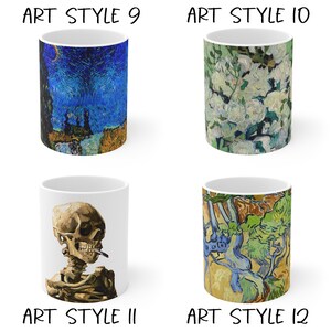 May include: Four white ceramic mugs with art-inspired designs. One mug features a starry night scene, another has white flowers, a third depicts a skeleton, and the last one showcases a tree landscape. The text "ART STYLE" is above each mug.
